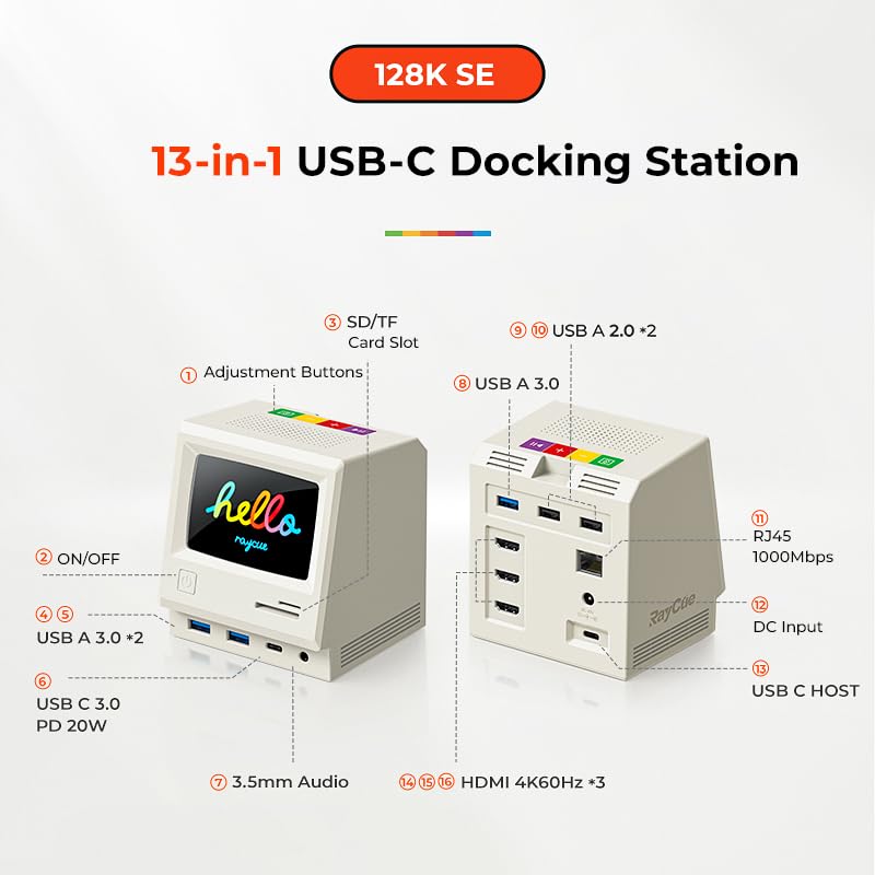 RayCue 128K SE Docking Station Triple Monitor, Digital Clock/Photo Frame,13-in-1 USBC Dock Triple 4K Display for MacBook Windows, 3 HDMI, USB C Data, Ethernet, Audio, 5 USBA Ports, 45W Power Adapter - Image 3