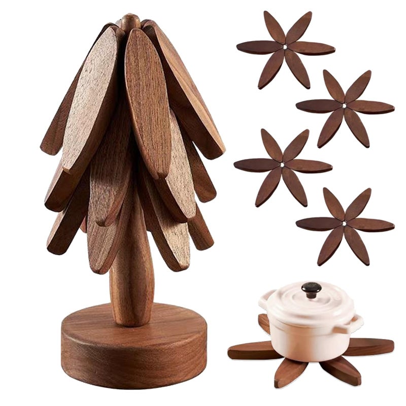 SpaLoo Wooden Tree Coasters Trivets for Hot Dishes Trivets for Hot Pots and Pans Wooden Tree Trivet Set 3 or 4 Wooden Trivet 1 Stand Christmas Coasters Walnut4pcsA - Image 2