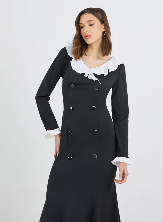 Take Two Take Two Solid Contrast Ruffle Trim A-Line Midi Dress with Button Detail