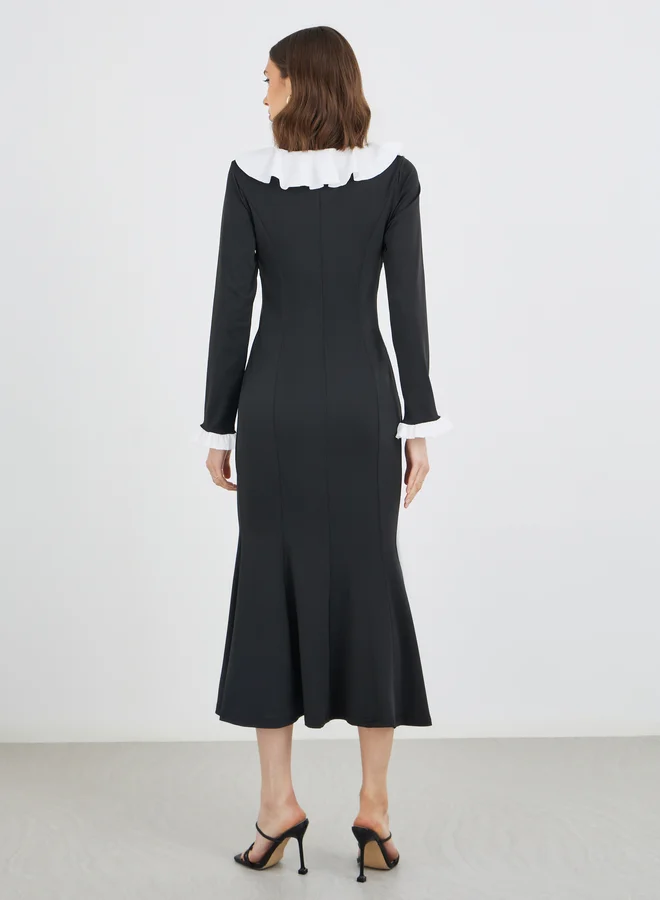 Take Two Take Two Solid Contrast Ruffle Trim A-Line Midi Dress with Button Detail