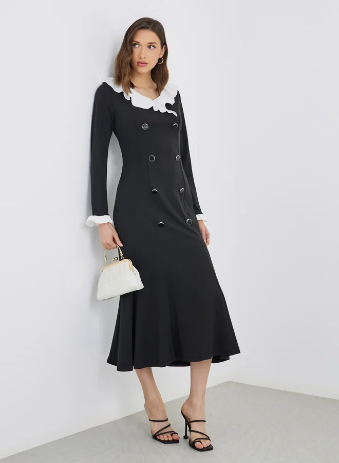 تايك تو Take Two Solid Contrast Ruffle Trim A-Line Midi Dress with Button Detail
