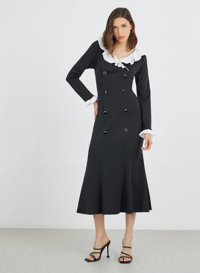 تايك تو Take Two Solid Contrast Ruffle Trim A-Line Midi Dress with Button Detail