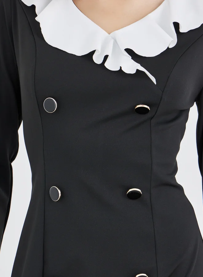 Take Two Take Two Solid Contrast Ruffle Trim A-Line Midi Dress with Button Detail