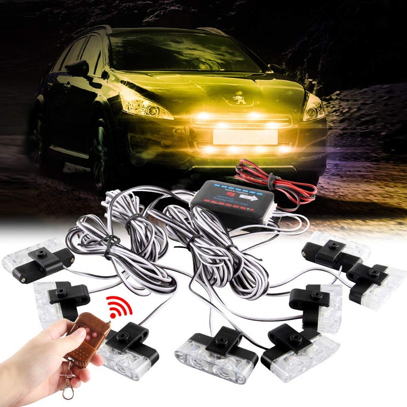 Sidaqi Amber 16LED Grille Strobe Lights Dash Deck Visor Police Flash Lights Car Truck Ambulance Emergency Warning Strobe Lights With Remote Control Wireless 12V
