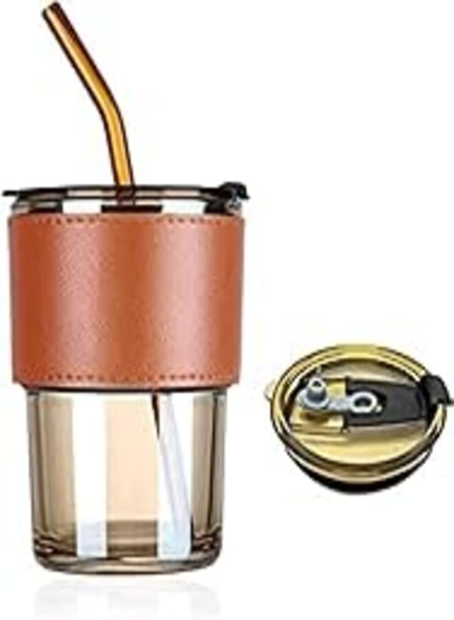 Generic Tall Voix Glass Tumbler Mug with Lid, Glass Straw and Protective Anti-Skid Leather Sleeve and Handle for Hot and Cold Beverages, 450ml, Brown