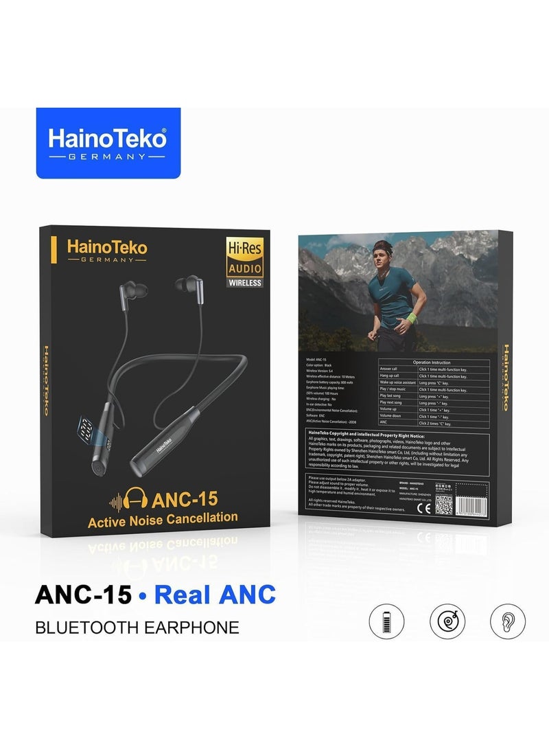 هينو تيكو سماعة أذن بلوتوث HainoTeko ANC-15 مزودة بخاصية إلغاء الضوضاء النشطة وعناصر تحكم متعددة الوظائف وصوت عالي الدقة، باللون الأسود - Image 1