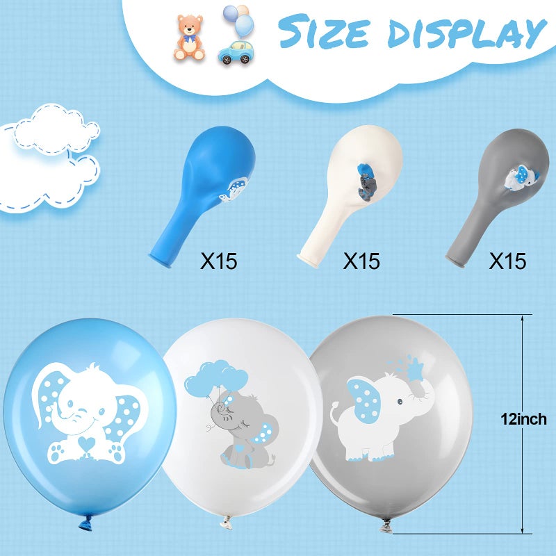 Aoriher 45 Pieces Elephant Balloon 12 Inch Baby Shower Elephant Balloon for Baby Boy Girl Gender Reveal Animal Themed Birthday Party Supplies Indoor Outdoor Decor(Blue, Gray, White) - Image 2