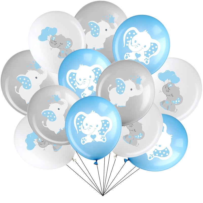 Aoriher 45 Pieces Elephant Balloon 12 Inch Baby Shower Elephant Balloon for Baby Boy Girl Gender Reveal Animal Themed Birthday Party Supplies Indoor Outdoor Decor(Blue, Gray, White) - Image 1