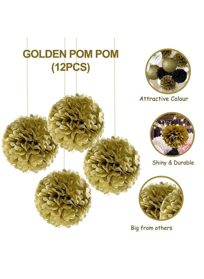 Party Propz Party Propz Golden Paper Pom Poms for Decoration - Set of 12 Pcs (10 inches Each) Giant Paper Flower for Decoration | Golden Pom Pom Hangings for Decorations (Tissue) - Image 3