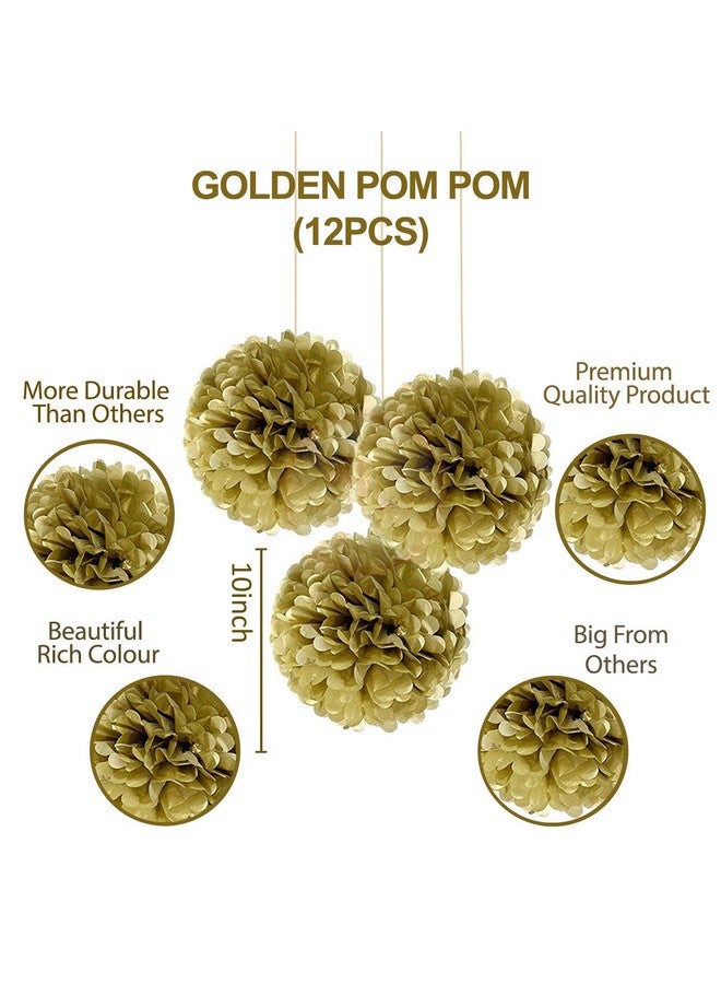 Party Propz Party Propz Golden Paper Pom Poms for Decoration - Set of 12 Pcs (10 inches Each) Giant Paper Flower for Decoration | Golden Pom Pom Hangings for Decorations (Tissue) - Image 4