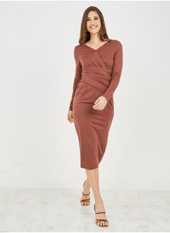 Styli Pleated Waist V Neck Bodycon Midi Dress  - Image 1