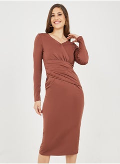 Styli Pleated Waist V Neck Bodycon Midi Dress  - Image 2