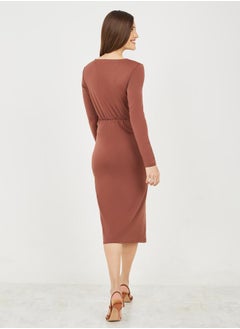 Styli Pleated Waist V Neck Bodycon Midi Dress  - Image 4
