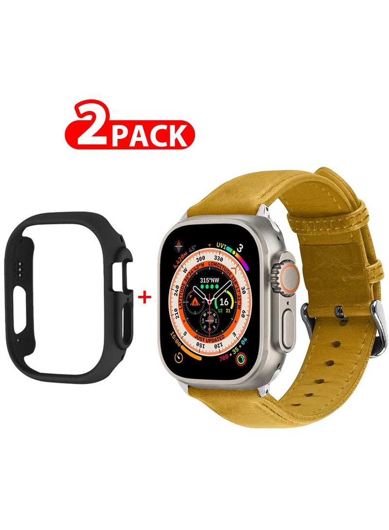 CATANES 2 Packs For Apple Watch Band 49mm Leather Band Buckle Strap Wristband and Black Cup Holder Mustard Brown - Image 1
