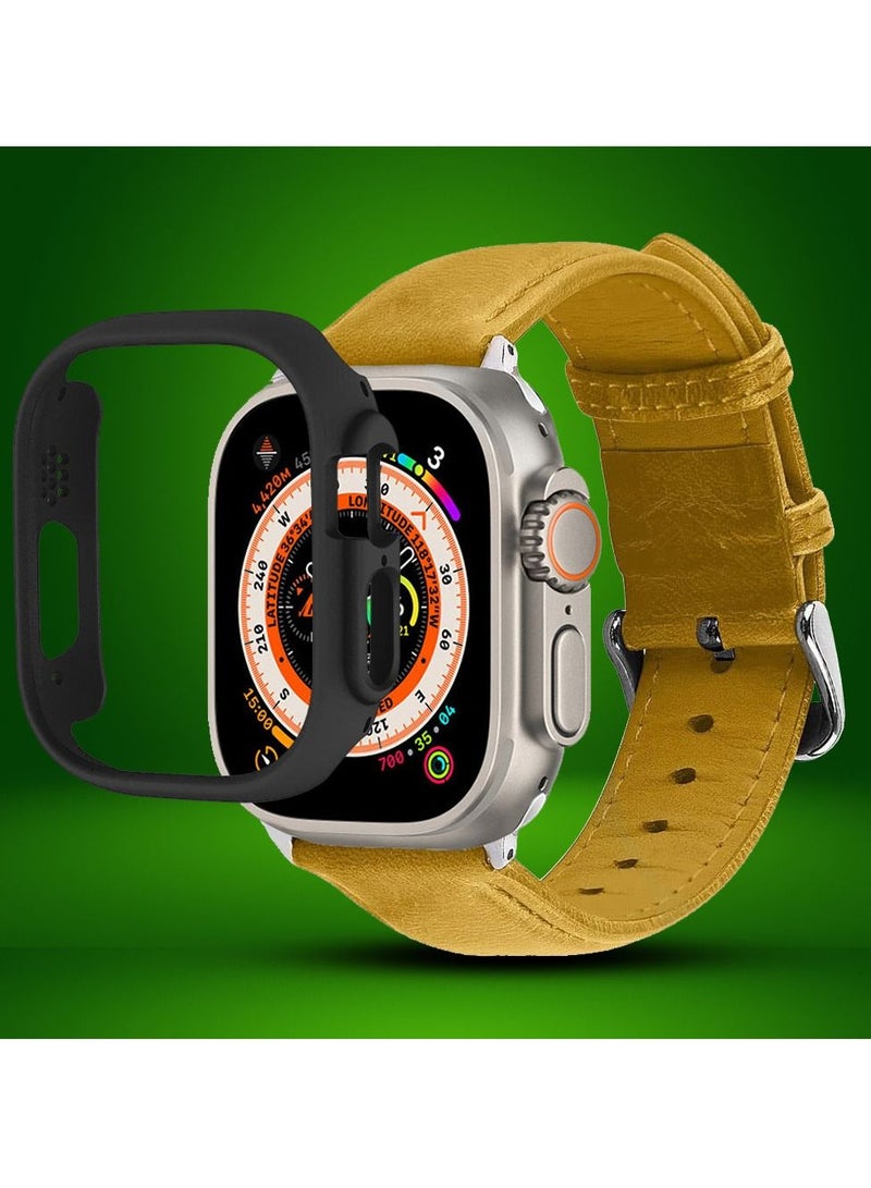 CATANES 2 Packs For Apple Watch Band 49mm Leather Band Buckle Strap Wristband and Black Cup Holder Mustard Brown - Image 2