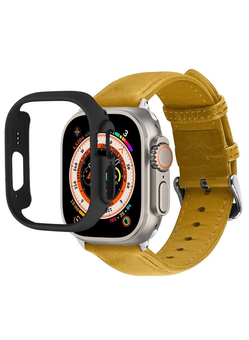 CATANES 2 Packs For Apple Watch Band 49mm Leather Band Buckle Strap Wristband and Black Cup Holder Mustard Brown - Image 3