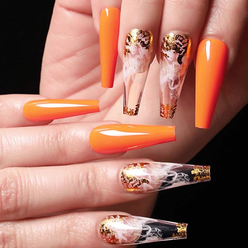 Outyua Glossy Smoke Pattern Fake Nails Coffin Extra Long Press on Nails with Design Ballerina Acrylic Cute False Nails 24Pcs Orange