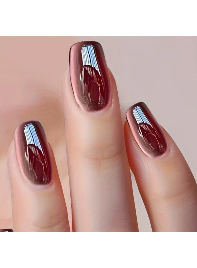 Orange Life Metallic Burgundy Mirror Press On Nails | Chrome Shine Fake Nails | Reusable & Scratch Resistant | Eco ABS Nail Tips | Perfect for Work, Party & Wedding | Natural Fit Without Damage - Image 1
