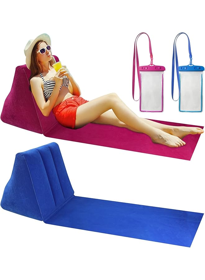 PROMASS 2 Pack Inflatable Beach Mat Lounge Chairs With Back Pillow, Includes 2 Waterproof Cell Phone Pouches, Portable Flocked Leisure Beach Chairs For Beach, Camping, Outdoors, Picnic, And Travel - Image 1