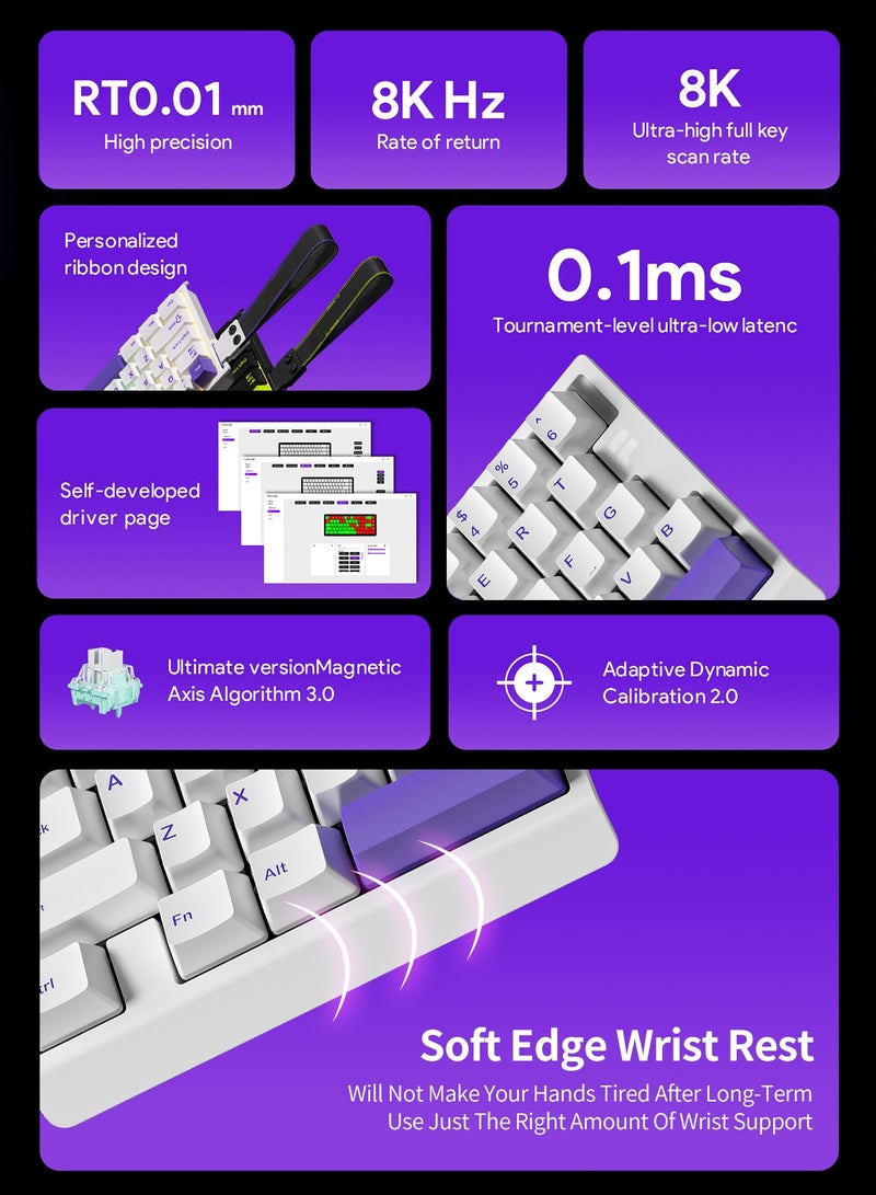 UCHUANG M30 HE Rapid Trigger Mechanical Gaming Keyboard Wired with Adjustable Actuation,Hall Effect Magnetic Switch,8KHz Polling Rate,RGB Backlit,Top Mount,Hot-Swap,PBT Double Shot Moulding Keycap - White&Purple  - Image 3