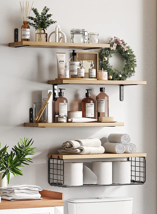 4Pcs Floating Wall Shelves, Rustic Wood and Metal Wall-Mounted Storage Racks with Mesh Guard, Multi-Layer Design, Natural Wood Color, Large & Deep Shelves for Bedroom, Bathroom, Kitchen, Living Room, Laundry & Closet Decor