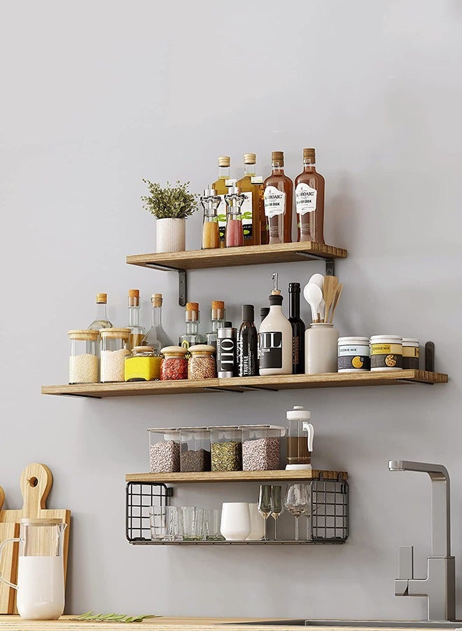 CozyNest 4Pcs Floating Wall Shelves, Rustic Wood and Metal Wall-Mounted Storage Racks with Mesh Guard, Multi-Layer Design, Natural Wood Color, Large & Deep Shelves for Bedroom, Bathroom, Kitchen, Living Room, Laundry & Closet Decor - Image 2