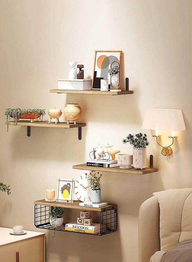 CozyNest 4Pcs Floating Wall Shelves, Rustic Wood and Metal Wall-Mounted Storage Racks with Mesh Guard, Multi-Layer Design, Natural Wood Color, Large & Deep Shelves for Bedroom, Bathroom, Kitchen, Living Room, Laundry & Closet Decor - Image 3