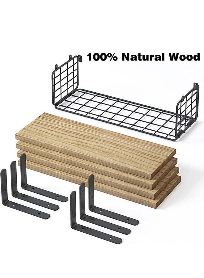 CozyNest 4Pcs Floating Wall Shelves, Rustic Wood and Metal Wall-Mounted Storage Racks with Mesh Guard, Multi-Layer Design, Natural Wood Color, Large & Deep Shelves for Bedroom, Bathroom, Kitchen, Living Room, Laundry & Closet Decor - Image 4