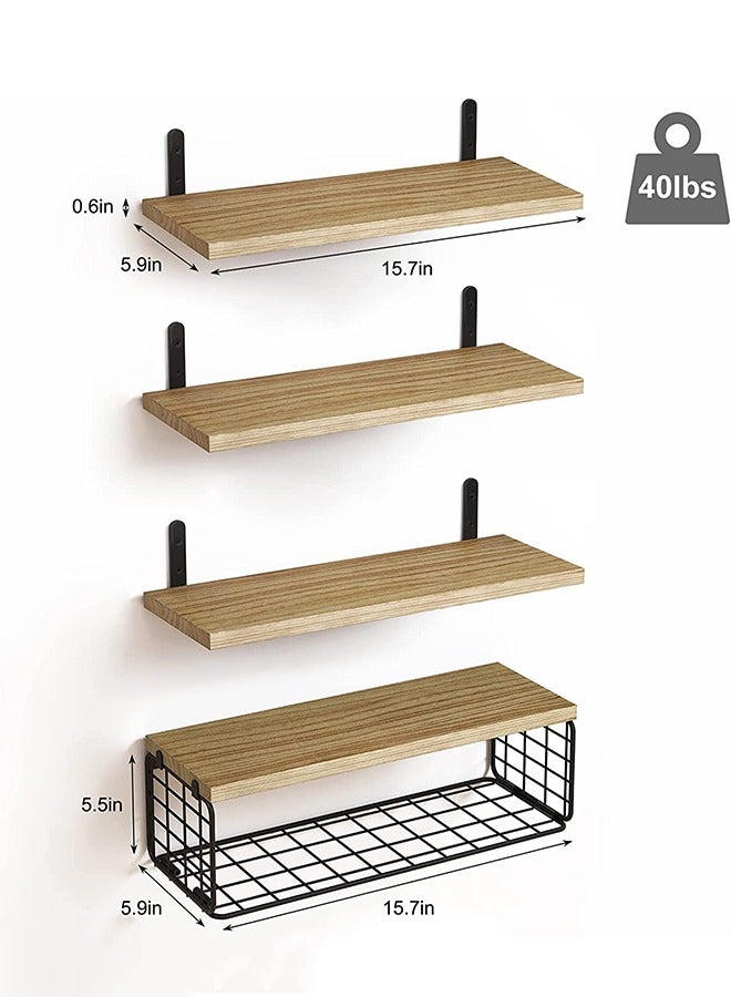 CozyNest 4Pcs Floating Wall Shelves, Rustic Wood and Metal Wall-Mounted Storage Racks with Mesh Guard, Multi-Layer Design, Natural Wood Color, Large & Deep Shelves for Bedroom, Bathroom, Kitchen, Living Room, Laundry & Closet Decor - Image 5