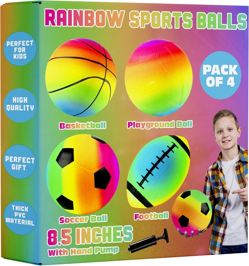 PlayBolt Rainbow Sports Balls for Kids & Toddlers - (Pack of 4) 8.5-Inch Neon Sport Ball Set Includes Football, Soccer, Basketball, & Playground Balls, Toy Balls for Indoor/Outdoor - Image 1