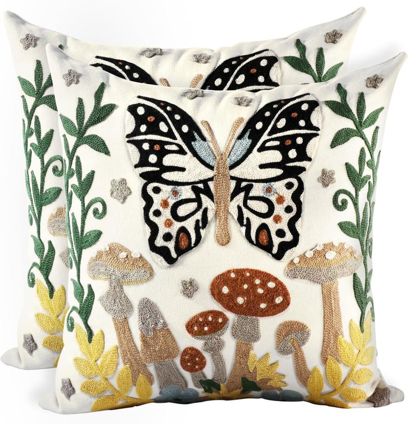 Kokaaee Embroidered Throw Pillow Covers Set of 2-18x18 Decorative Pillow Covers with Zipper Aesthetic Cute Design Spring Summer Throw Pillowcases for Outdoor Couch Sofa Bed, Butterfly Moon - Image 1