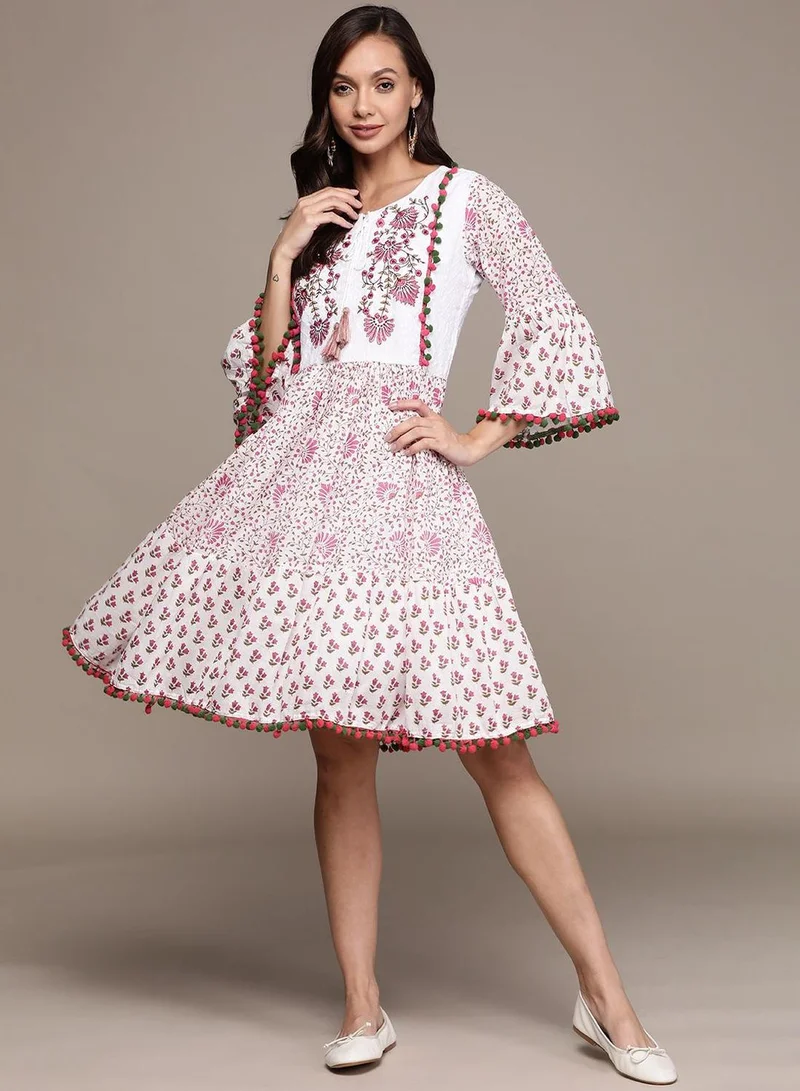 آي شين Women's White 100% Cotton Printed Midi Smock Regular Fit Dress