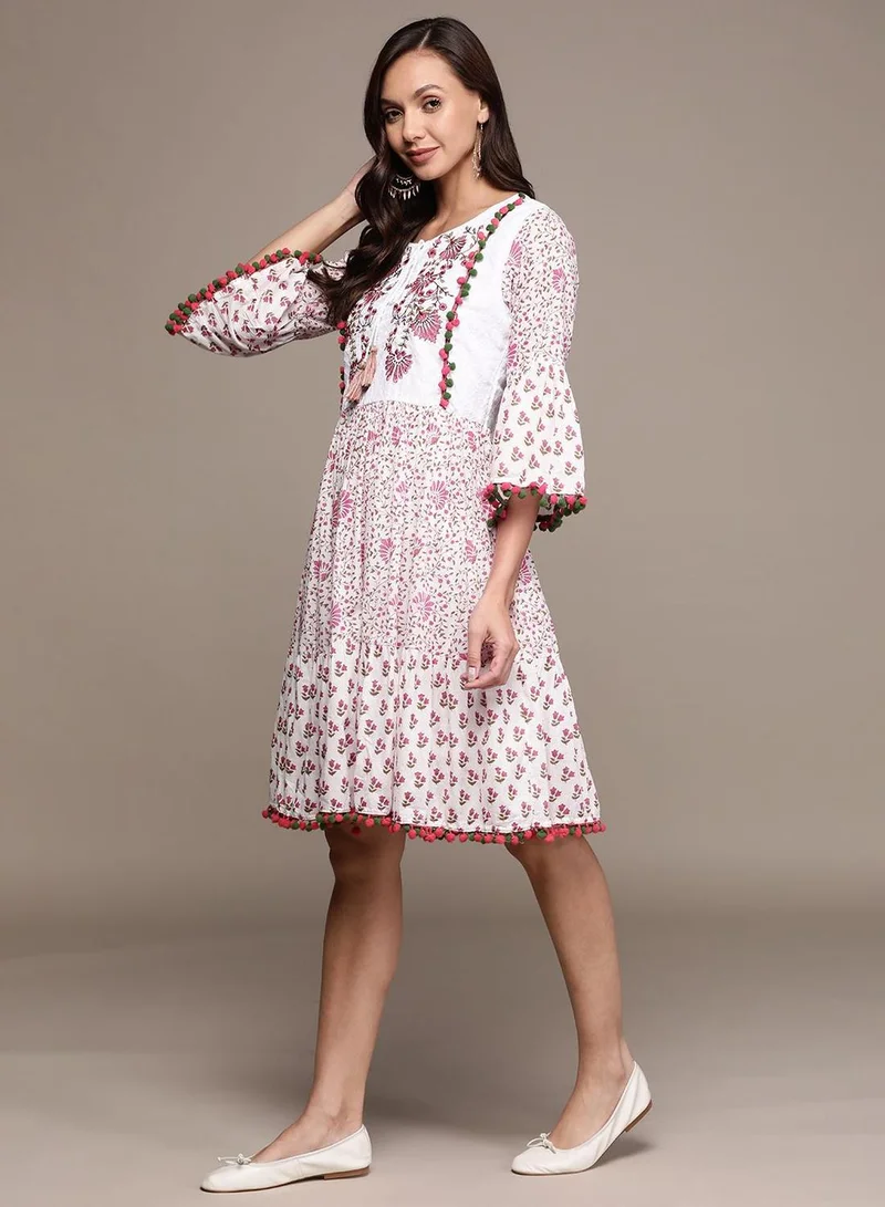آي شين Women's White 100% Cotton Printed Midi Smock Regular Fit Dress