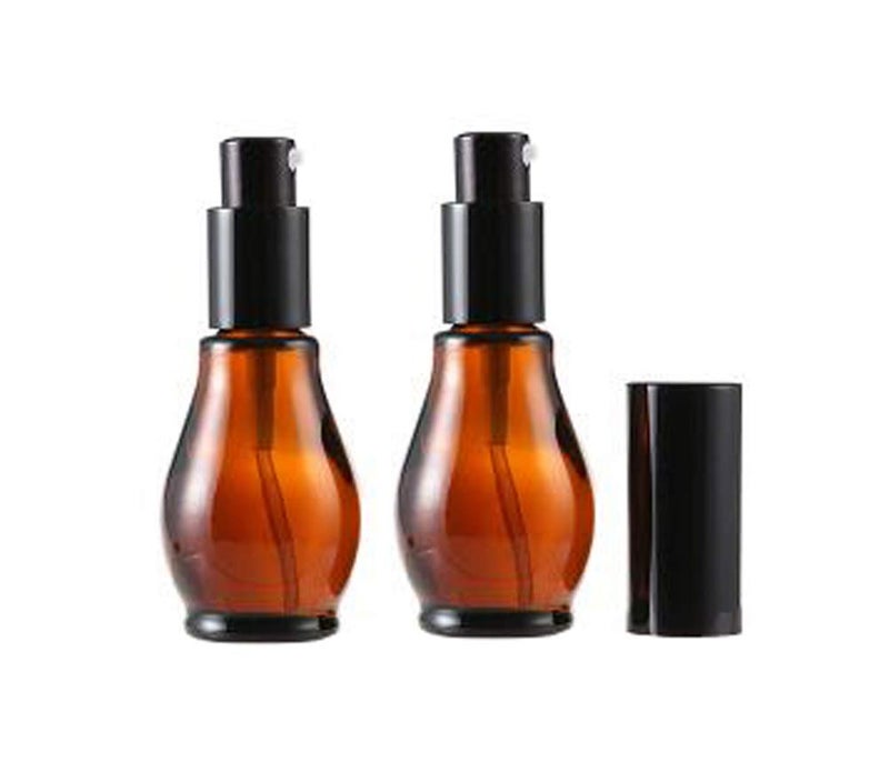 Elandy 2Pcs Empty Refillable Cucurbit Shaped Amber Glass Lotion Pump Bottles Portable Cosmetic Makeup Cream Lotion Container Vial Jar Dispenser With Black Pump Head and Cap(30ml/1oz)