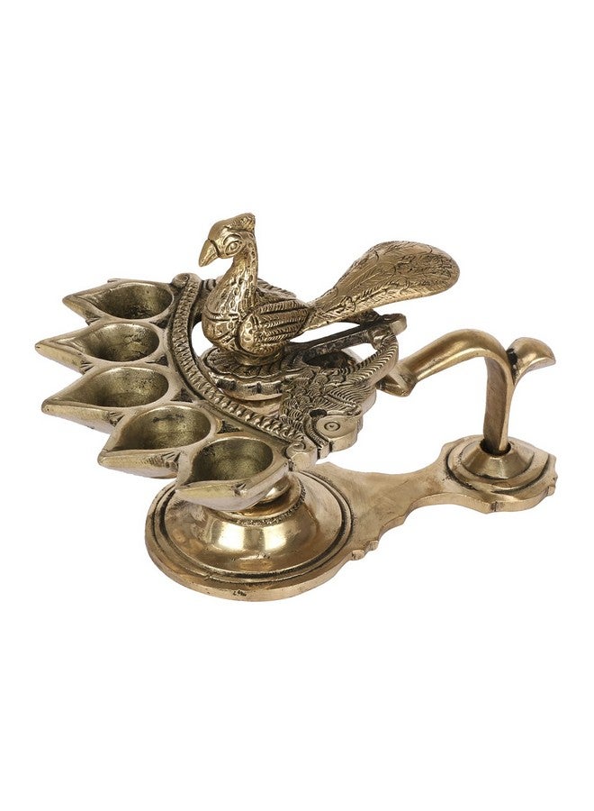 Kartique Brass Panch Arti Diya with Peacock Design, 5-inch Height, Antique Finish, Ideal for Home Puja and Festive Decor - Image 1
