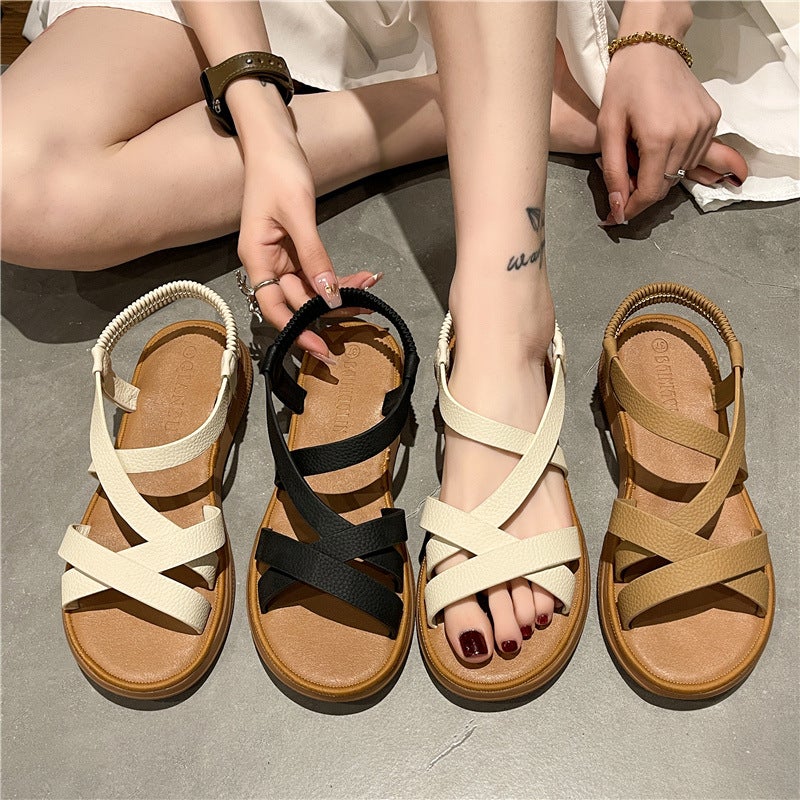 Women's Roman Flat Sandals with Soft Sole and Elastic Strap - Image 1