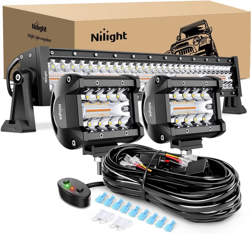 نيلايت شريط إضاءة LED بطول 22 بوصة و480 واط مع 2 قطعة من وحدات الإضاءة 4 بوصة و60 واط - وميض أبيض كهرماني، 6 أوضاع، مجموعة شاحنة للطرق الوعرة
