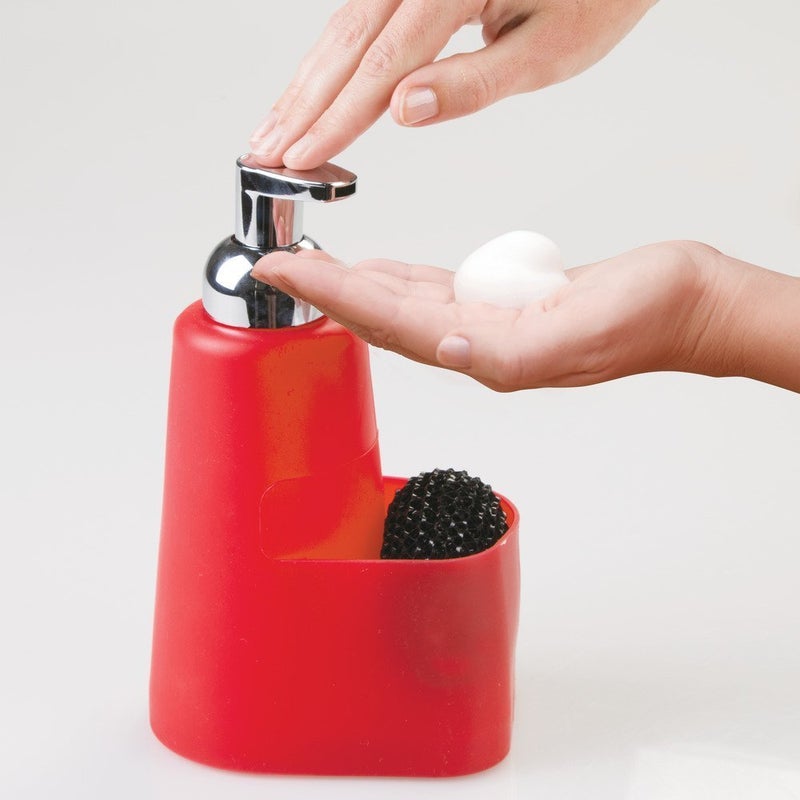 InterDesign InterDesign Lineo Foaming Soap Dispenser Pump with Sponge Caddy Organizer - Rust Proof Lotion Dispenser Holds 16 oz for Kitchen, Sink, Vanity - Red/Chrome - Image 3