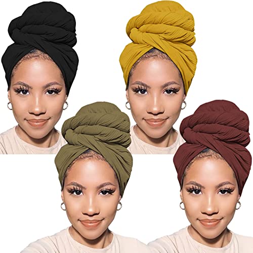 PWEOUKE 4 Pcs Head Wraps for Women Solid Color Soft African Head Scarf for Hair Jersey Turban Long Breathable Head Band Tie for Woman - Image 1