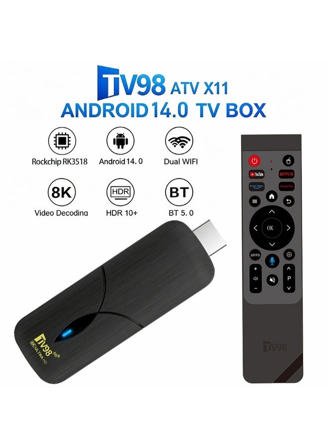 تلفزيون جهاز استقبال التلفزيون الذكي TV98 ATV X11، نظام أندرويد 14.0، معالج رباعي النواة RK3518، ذاكرة 2 جيجا رام +16 جيجا تخزين، فك تشفير فيديو 8K، واي فاي مزدوج 2.4G+5G وبلوتوث 5.0، جهاز تحكم عن بعد بالصوت، مشغل وسائط متوافق مع التلفزيون وأجهزة العرض - Image 2
