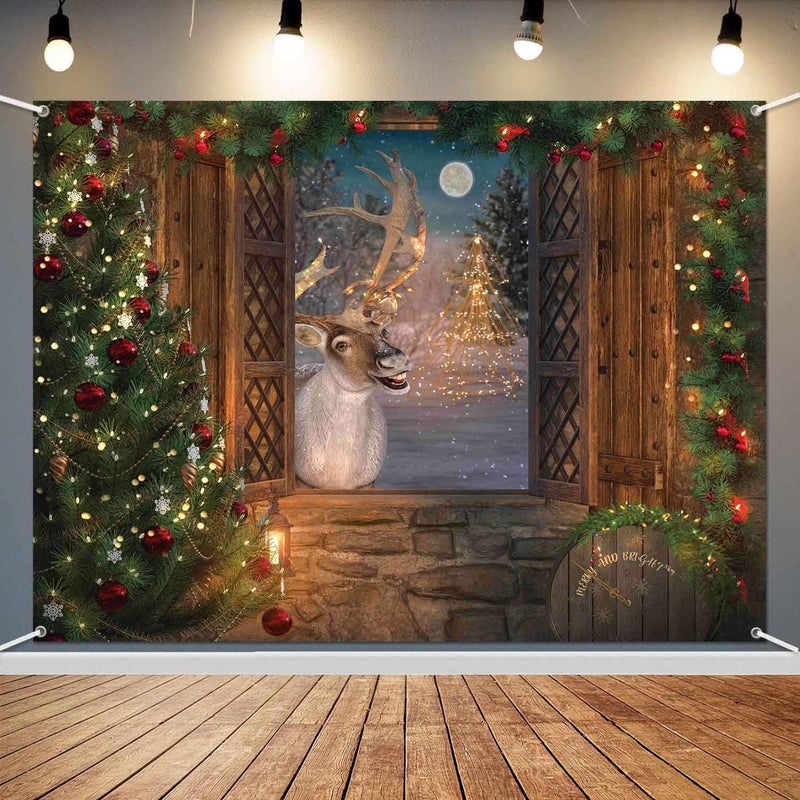 LDWLYW Christmas Reindeer Photo Backdrop Winter Window Tapestry Wall Banner Merry Christmas Party Decorations Holiday Scene Reindeer Games Photography Background Party Decor 7x5ft - Image 1