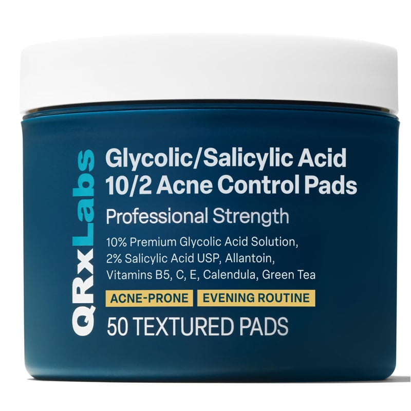 QRxLabs Salicylic Glycolic Acid Pads 2 Salicylic 10 Glycolic 50 Count Jar Exfoliating Pads for Acne Bacne Treatment with Vitamins B5 C E Calendula Green Tea