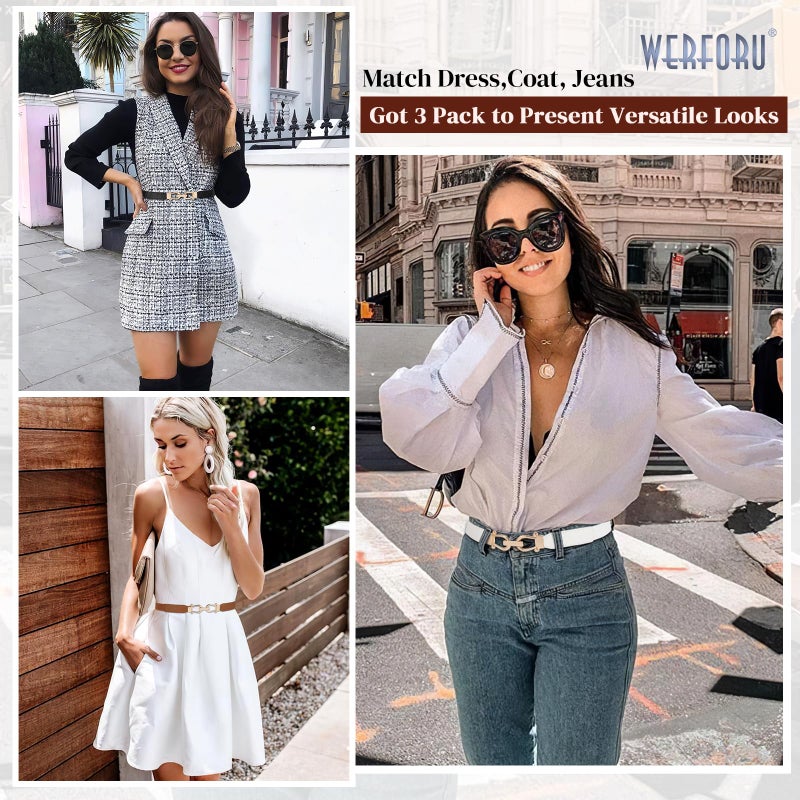 Werforu حزام نسائي رفيع مرن 3 عبوات مع مشبك ذهبي لحزام مرن رفيع للفستان والجينز، أسود + بني + أبيض - Image 4