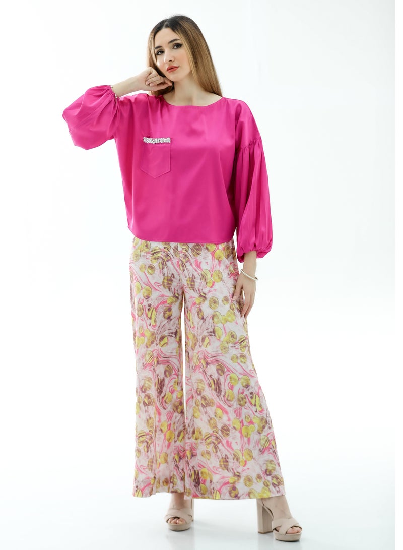 Pink Crop Top with printed Flowery Pant