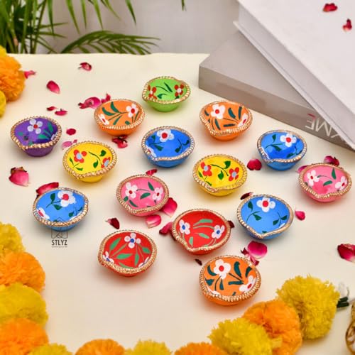 STLYZ Colourful Handmade Diyas for Diwali (21 Pcs) Hand Painted Decorative Clay Mitti Diya Deepak Lanterns for Diwali Decoration - Image 1