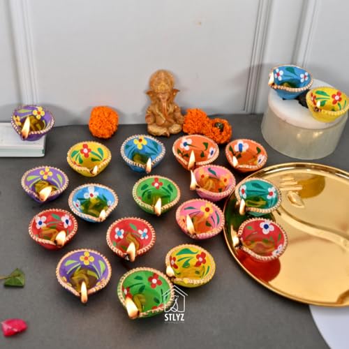 STLYZ Colourful Handmade Diyas for Diwali (21 Pcs) Hand Painted Decorative Clay Mitti Diya Deepak Lanterns for Diwali Decoration - Image 2