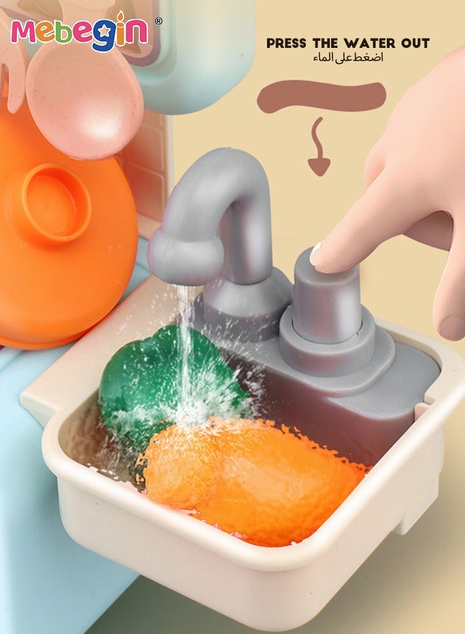 MEBEGIN مجموعة ألعاب مطبخ تظاهرية مكونة من 34 قطعة، ألعاب DIY للأدوات المطبخية، مجموعة ألعاب ملحقات المطبخ مع رش وضوء للأولاد والبنات والأطفال، أزرق - Image 2