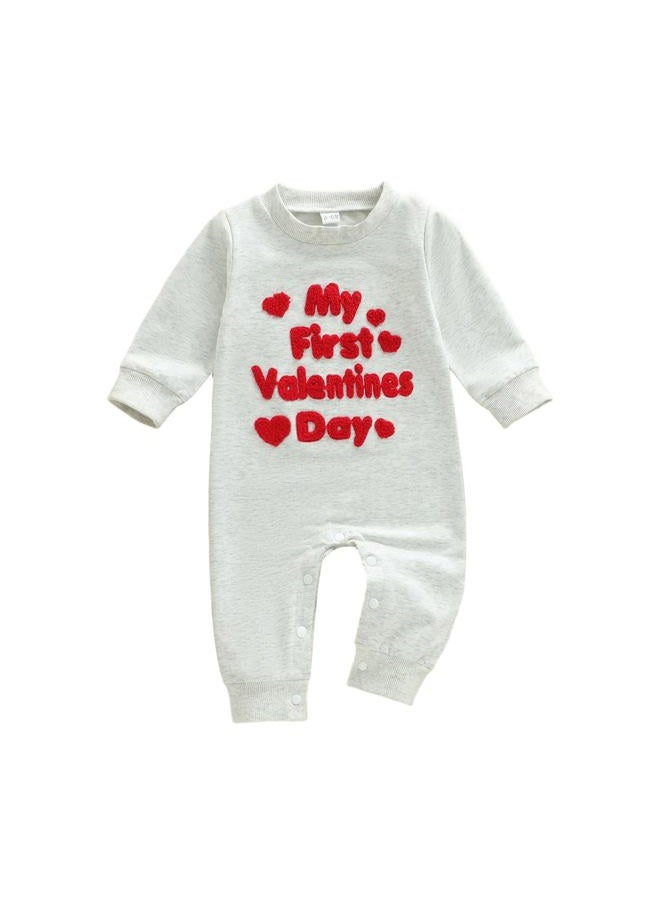 LouVasabuce My First Valentines Day Baby Clothes Outfits Letter Heart Embroidery Romper Jumpsuit Newborn Girl Boy Clothing, Gray, 3-6 Months - Image 1