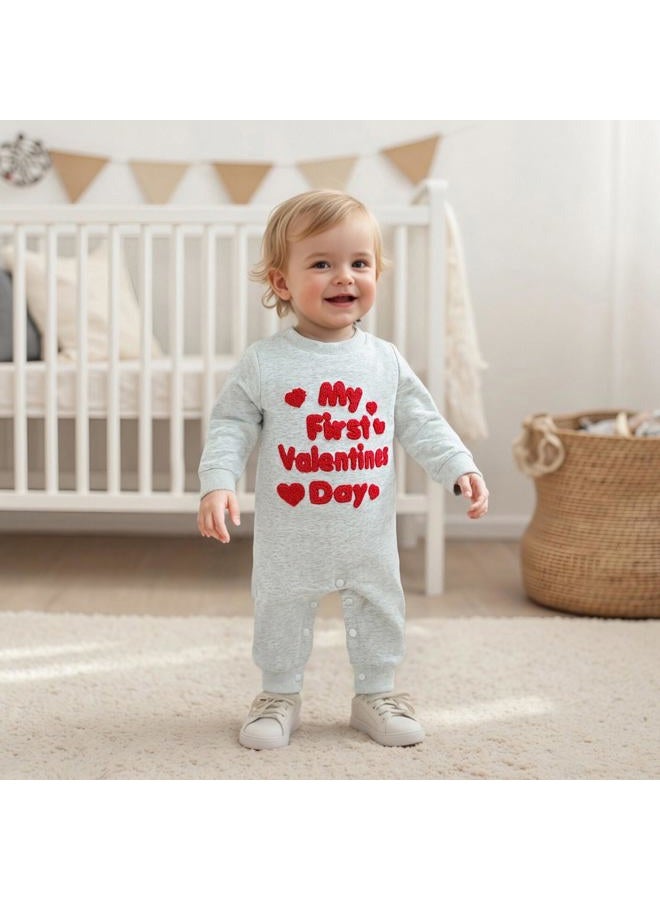 LouVasabuce My First Valentines Day Baby Clothes Outfits Letter Heart Embroidery Romper Jumpsuit Newborn Girl Boy Clothing, Gray, 3-6 Months - Image 3