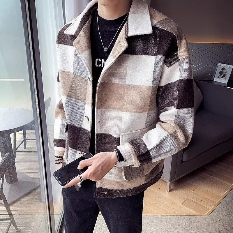 Fashionable plaid woolen coat youth casual retro short handsome loose vibe trendy Hong Kong style all-matching jacket 400 khaki